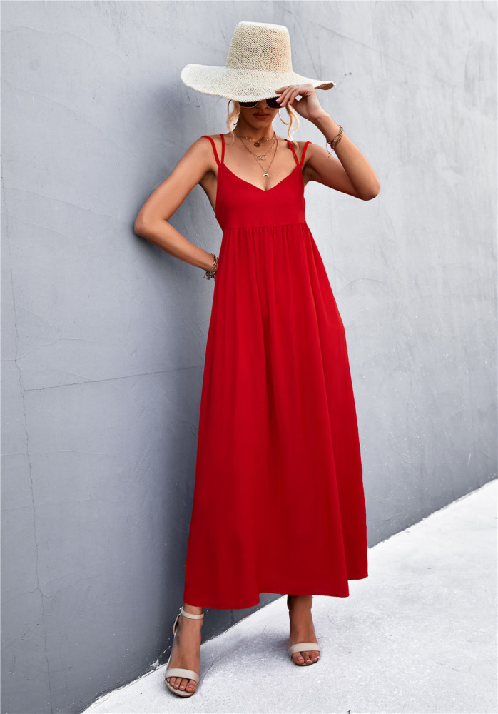 Women Lace-Up Backless Maxi Beach Dress Solid Color Double Spaghetti Straps