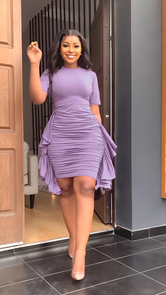 Women Solid Color Irregular Flounces Ruched Bodycon Dress Slim Short Sleeve