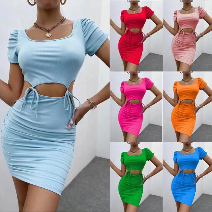 Stylish Women Short Sleeve Bodycon Dress Rib Cut Out Waist Tight Package Hip