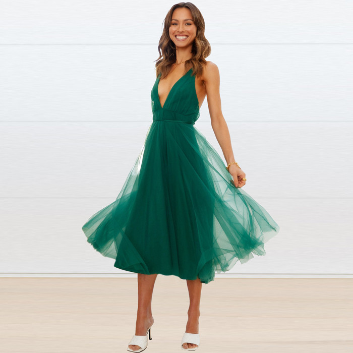 Women Mesh Elegant Bridesmaid Skater Dress Plunge Neck Backless Suppliers