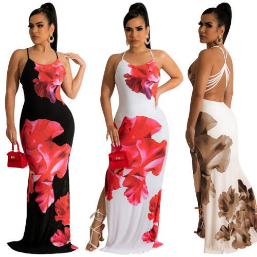 Stylish Backless Evening Floor Dress Fit Slim Red Flower Print Plus Size