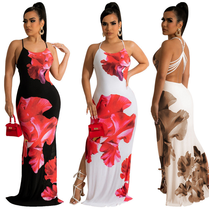 Stylish Backless Evening Floor Dress Fit Slim Red Flower Print Plus Size