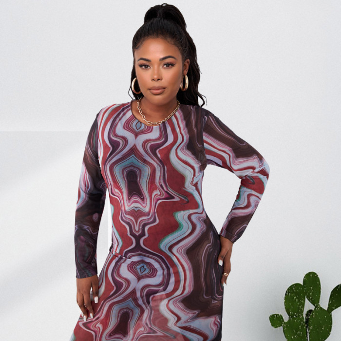 Wholesale Plus Size Bodycon Long Dress Long Sleeves Printed Mesh for Fat Women
