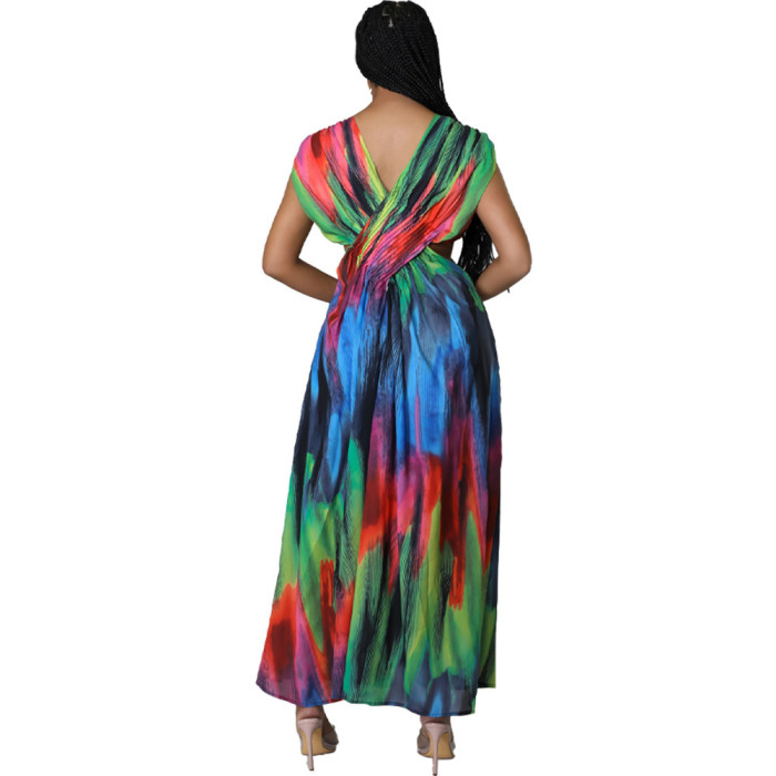 Stylish Colorful Print Maxi Dress Hollow Out Waist V-Neck Sleeveless for Ladies