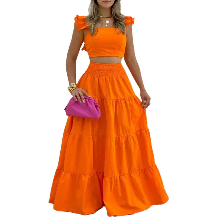 Summer Orange Two Piece Casual Dress Crop Tops Ruffle Sleeve and Maxi Skirt