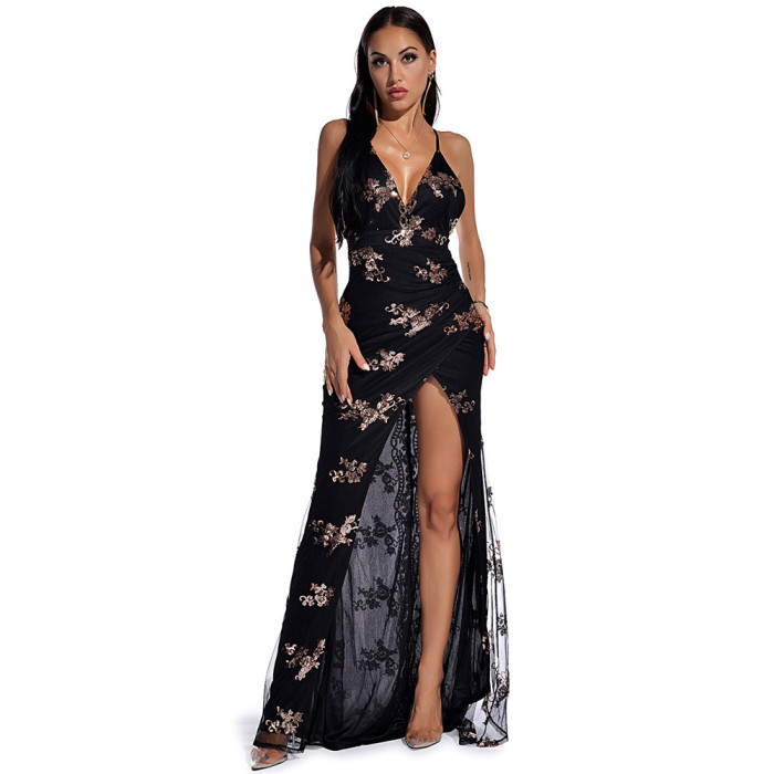 Vintage Spaghetti Straps Sequin Evening Long Dress High Cut Slit Leg V-Neck