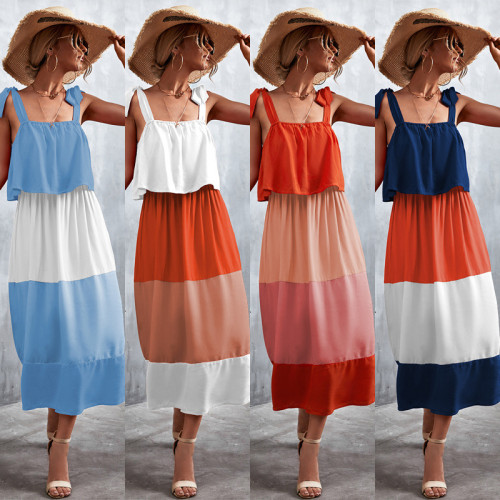 Bulk Wholesale Casual Ruffle Colorblock Maxi Dress Summer Lace-Up Straps