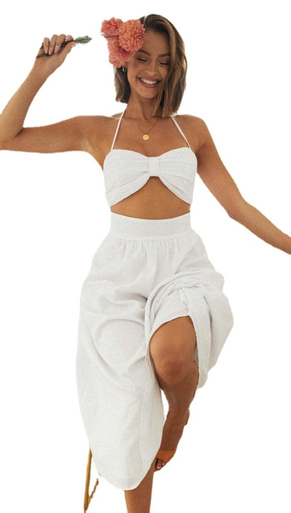 Hot Style Summer Women's Halter Neck Long Dress White Bow Slim Waist