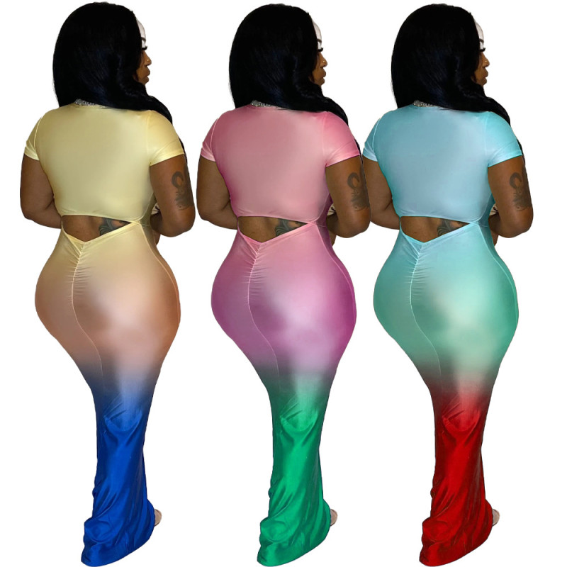 Wholesale Gradient Slim Fit Party Dress Long Cut Out Back Waist Short Sleeves