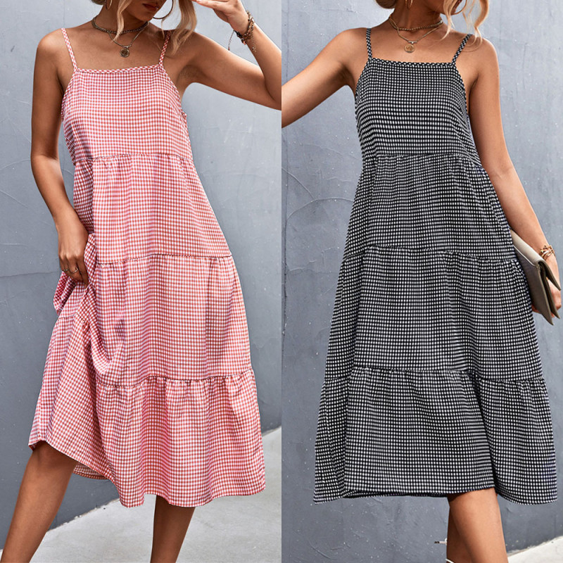 Wholesale Vintage Summer Plaid Pattern Midi Dress Ladies Spaghetti Straps