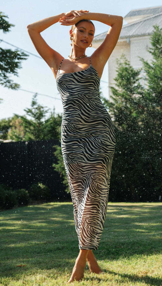 Summer Zebra Print Casual Long Slip Dress Open Back Spaghetti Straps