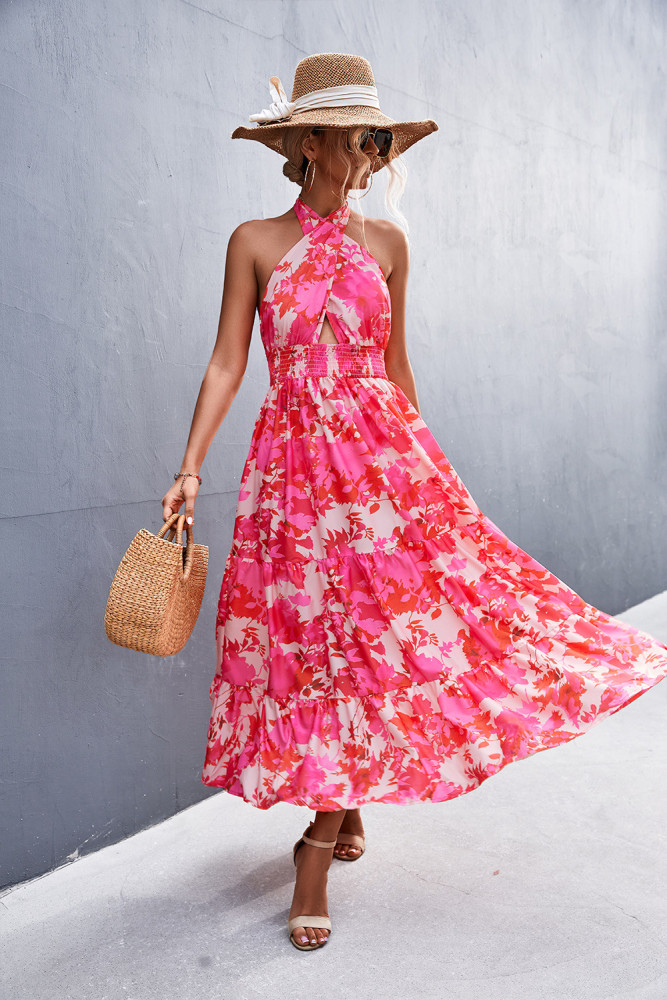 Wholesale Sexy Summer Backless Floral Dress Long Halter Neck for Women