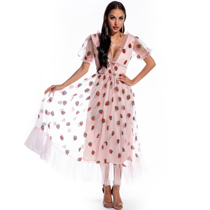 Hot Selling Women Strawberry Sequin Long Dress Mesh Puff Sleeve Ruffle V-Neck