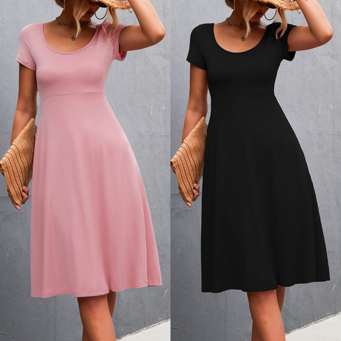 Basic Solid Color Round Neck Skater Dress Short Sleeve Summer for Women