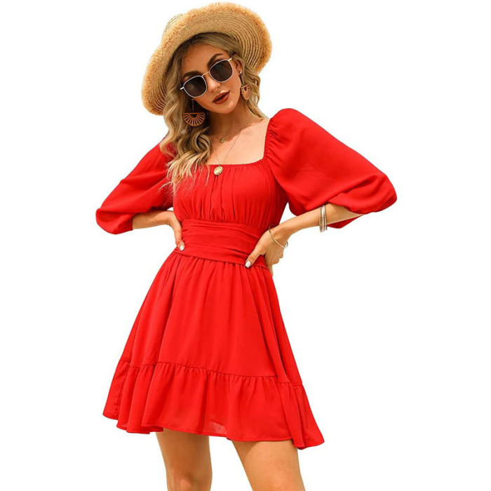 Best Women Lantern Sleeve Summer Ruffle Dress Lace-Up Backless Solid Color