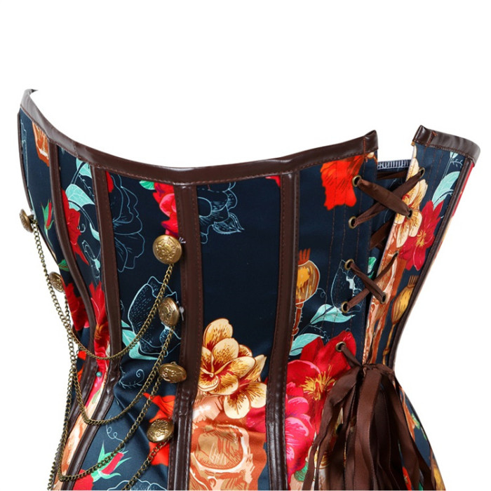 Gothic Lace Up Back Women Overbust Bustier Corset Floral Print Strapless Vintage Sexy Fashion Corset