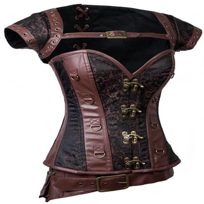 Plus Size Steampunk Brown Steel Boned One-shoulder Leather Stripe Shape Corset