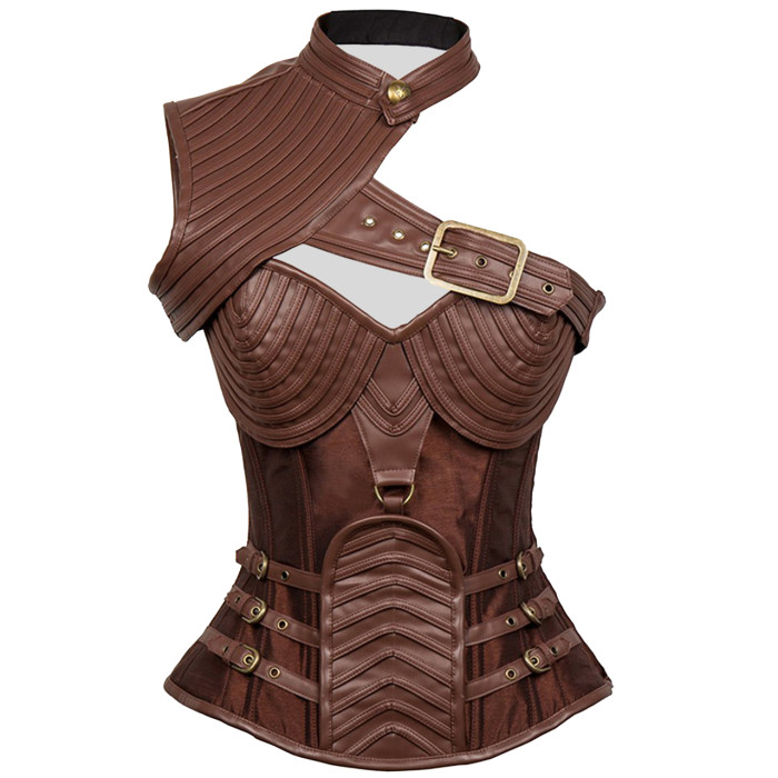 Steampunk Brown Steel Boned One-shoulder Leather Stripe Shape Corset Plus Size