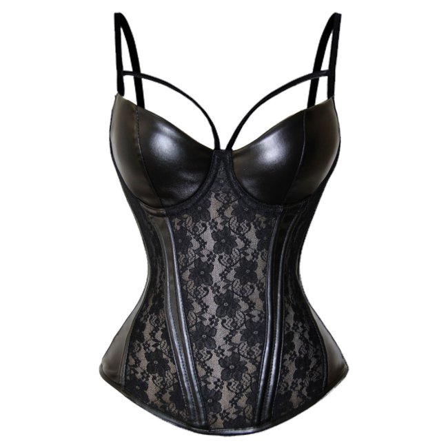 Sexy Corset Lingerie PU Leather Lace Bustier Night Club Wear Corset See Through Underwear Fashion Top