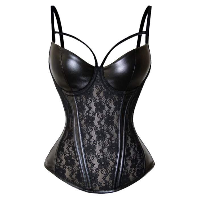 Sexy Corset Lingerie PU Leather Lace Bustier Night Club Wear Corset See Through Underwear Fashion Top