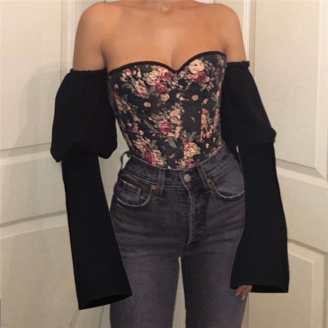 New women's long-sleeved halter strap printed denim corset top
