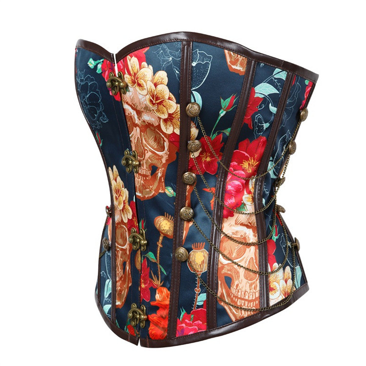 Gothic Lace Up Back Women Overbust Bustier Corset Floral Print Strapless Vintage Sexy Fashion Corset