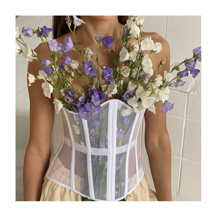 Women Waist Trainer Cincher Girdle Sexy Black White Dress Decoration Mesh Corset Slim Belt Streetwear See Through Corset