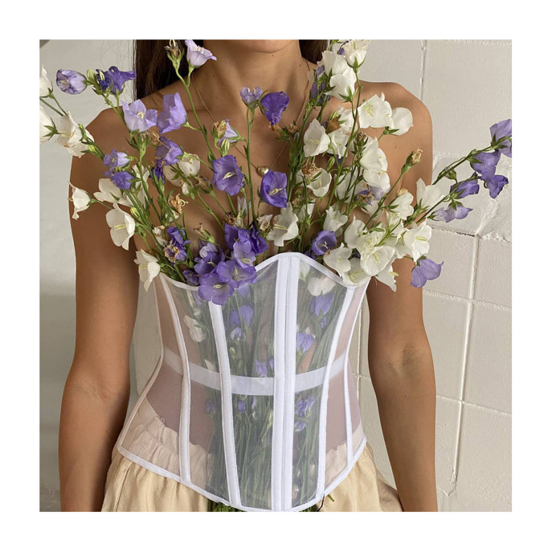 Women Waist Trainer Cincher Girdle Sexy Black White Dress Decoration Mesh Corset Slim Belt Streetwear See Through Corset