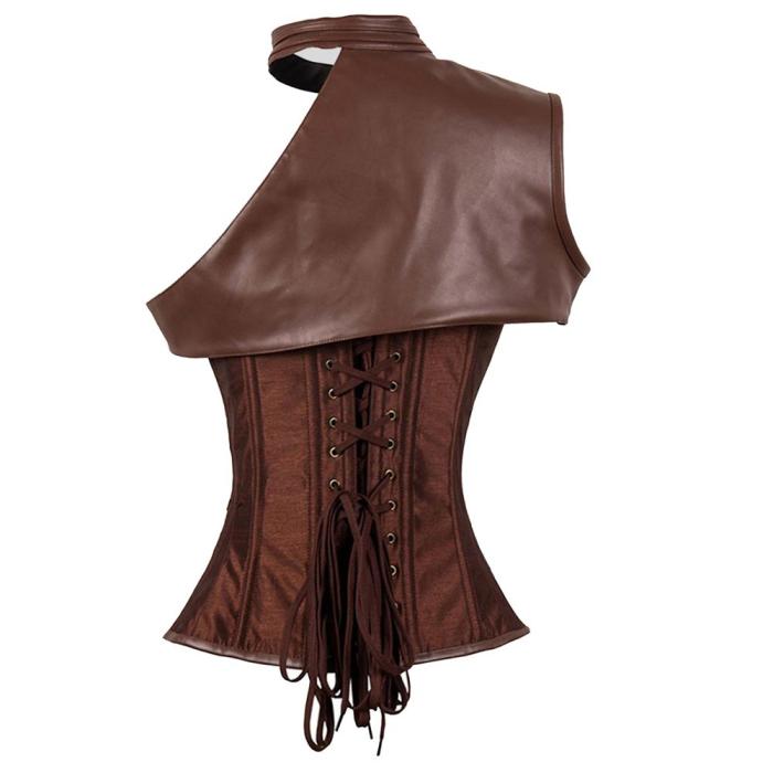 Steampunk Brown Steel Boned One-shoulder Leather Stripe Shape Corset Plus Size