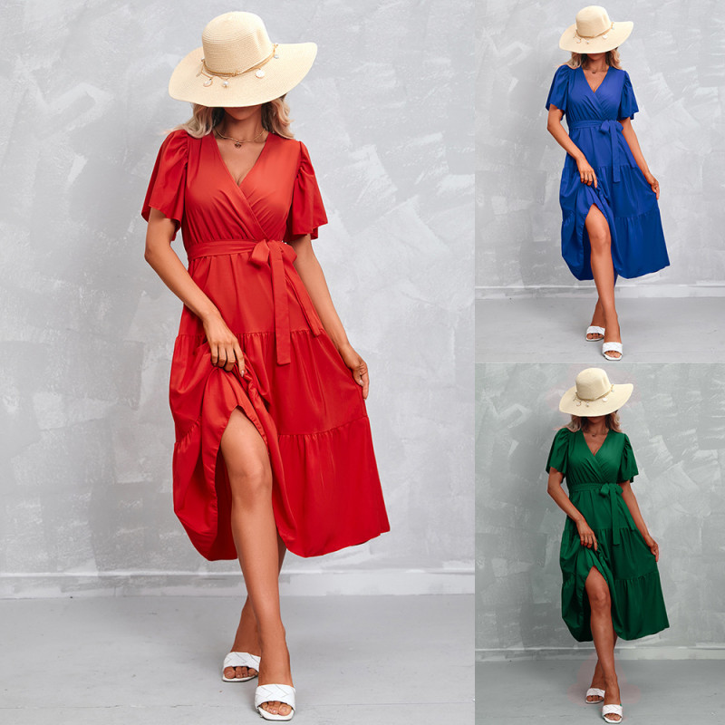 2022 new summer solid color V-neck short-sleeved dress