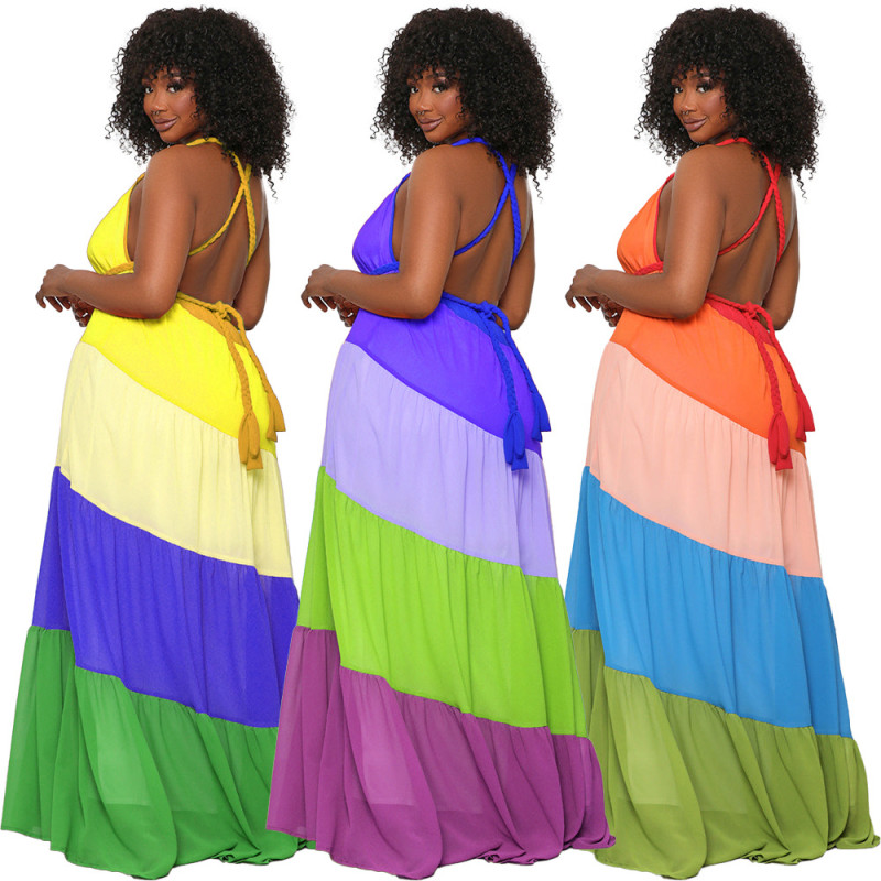 Summer Contrasting Color Maxi Dress Suspenders Straps Lace Up Backless