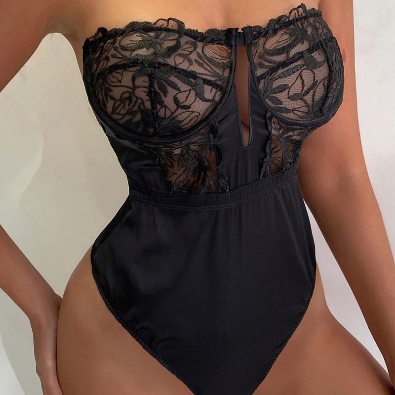 Women Black Strapless Slim Bodysuit Satin Lingerie Lace Underwired Bust Suppliers
