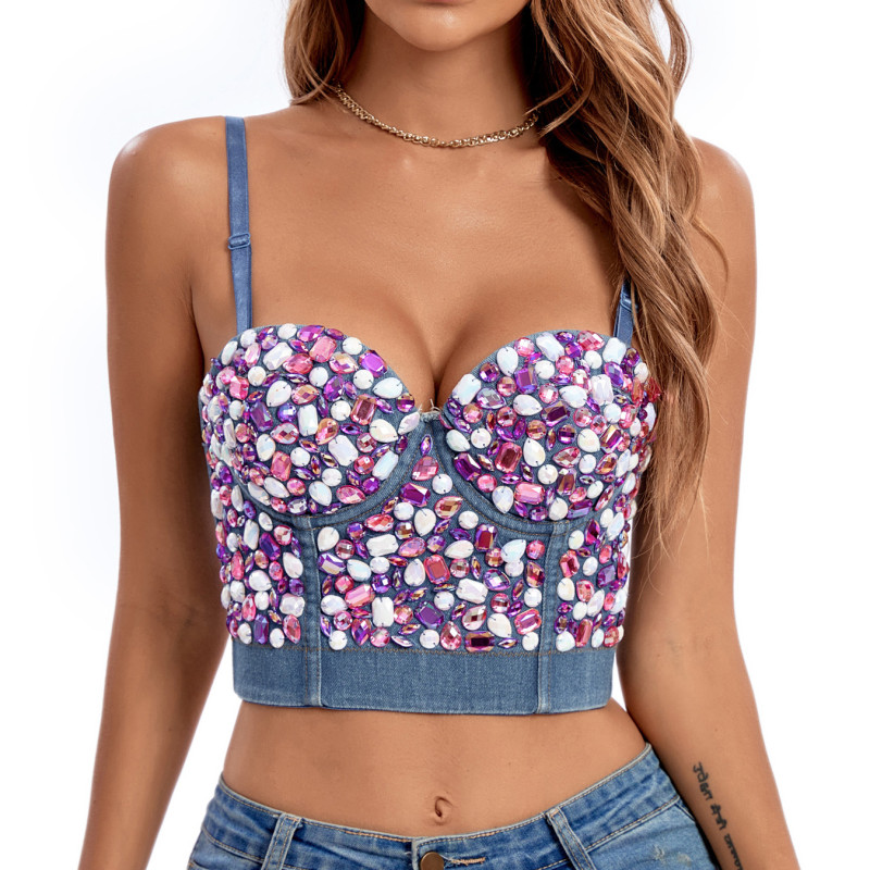 Sweet Candy Color Diamond Cropped Corset Tops Back Hooks Denim Suppliers