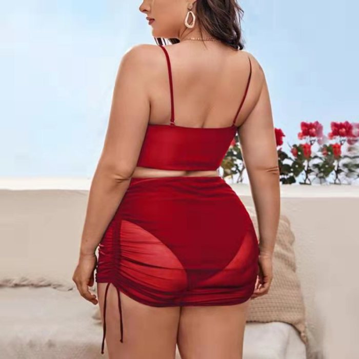 Fat Women Plus Size Three Piece Swimsuit Drawtring Mesh Skirt Solid Color Supplier