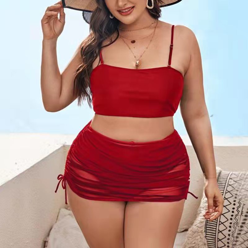 Fat Women Plus Size Three Piece Swimsuit Drawtring Mesh Skirt Solid Color Supplier