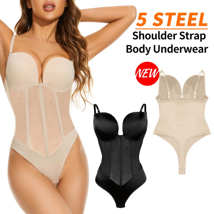 New Steel Bones Shapewear Thong Bodysuit Tummy Control Adjust Straps Crotch