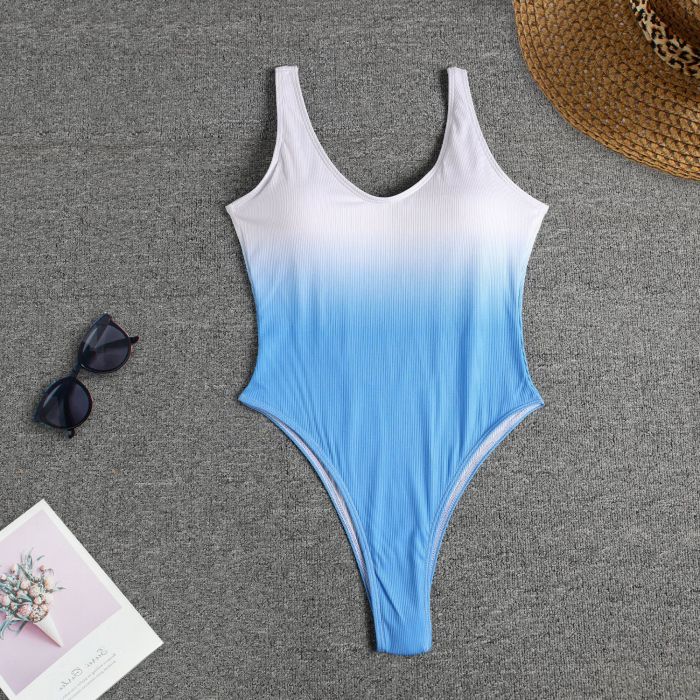 Fashion Thong Swimsuit Gradient High Cut Leg One Piece Fitness Backless Swimwear