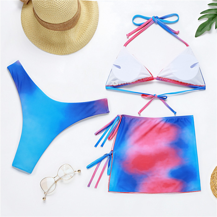 New 3 Piece Swimwear Beach Tie-Dye Halter Thong Bikini Set with Cover Up for Women