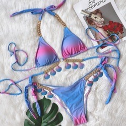 Sexy Designer Bikinis Set Gradient Women's Thong Swimsuit Shell Crystal Halter Beachwear
