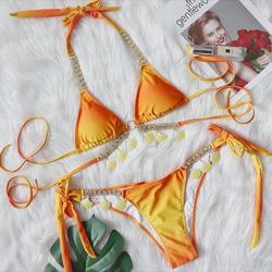 Sexy Designer Bikinis Set Gradient Women's Thong Swimsuit Shell Crystal Halter Beachwear