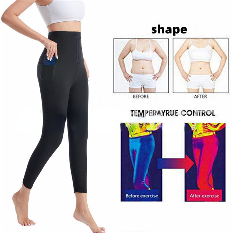 Women Plus Size Slim Sauna Leggings Waist Trainer Silver Coated Fitness Shorts Pocket