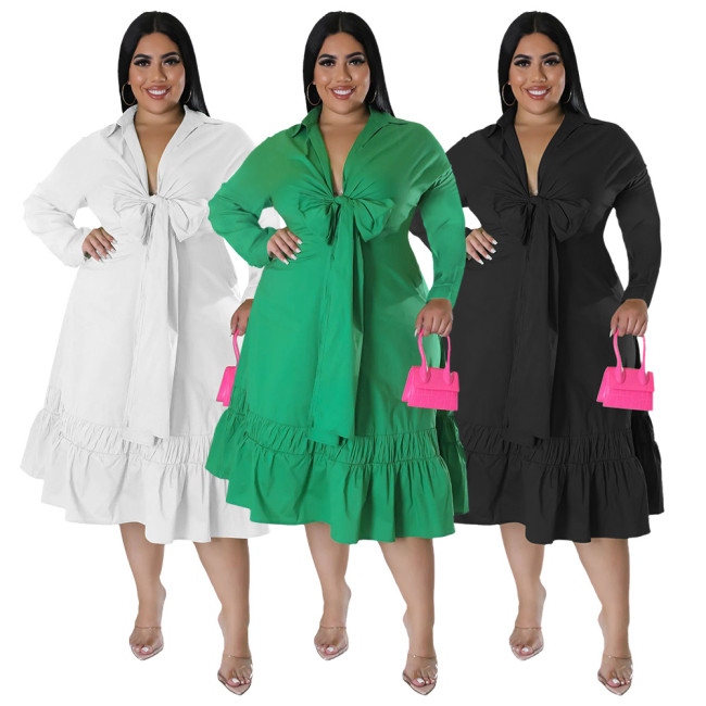 Wholesale Solid Color Plus Size Ruffle Dress Shirt Tie Bow Long Sleeves Casual Fall Bulk