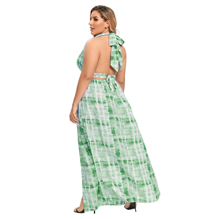 Summer Plus Size Dress Wholesale Print Maxi Dress Plunge Backless Halter High Slit Leg