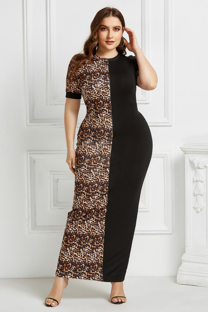 Summer African Plus Size Long Dress Short Sleeved Leopard Print Bodycon Dress OEM
