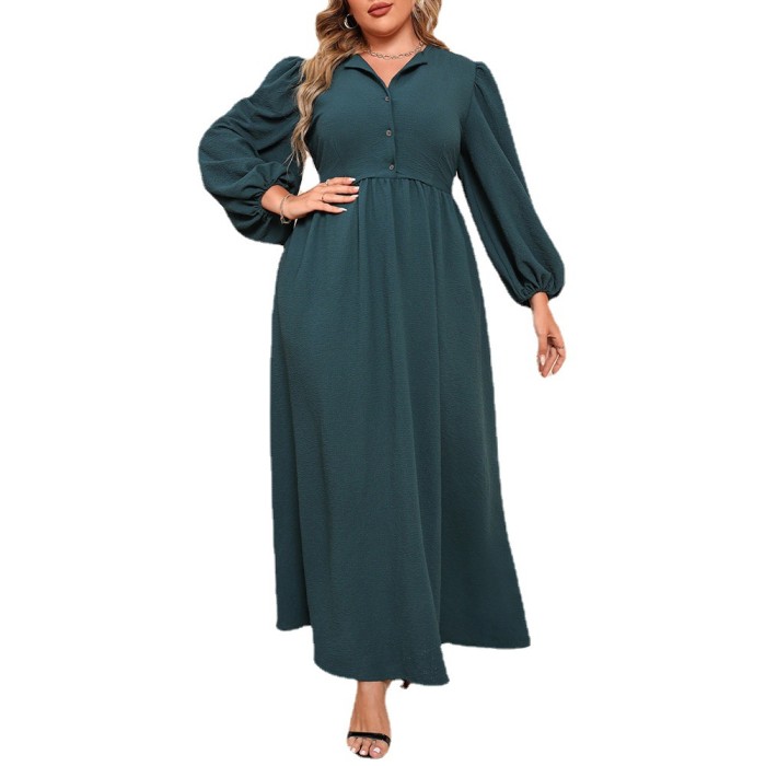 Custom Spring Solid Color Plus Size Maxi Dress Long Sleeve Green Swing Hem Private Label