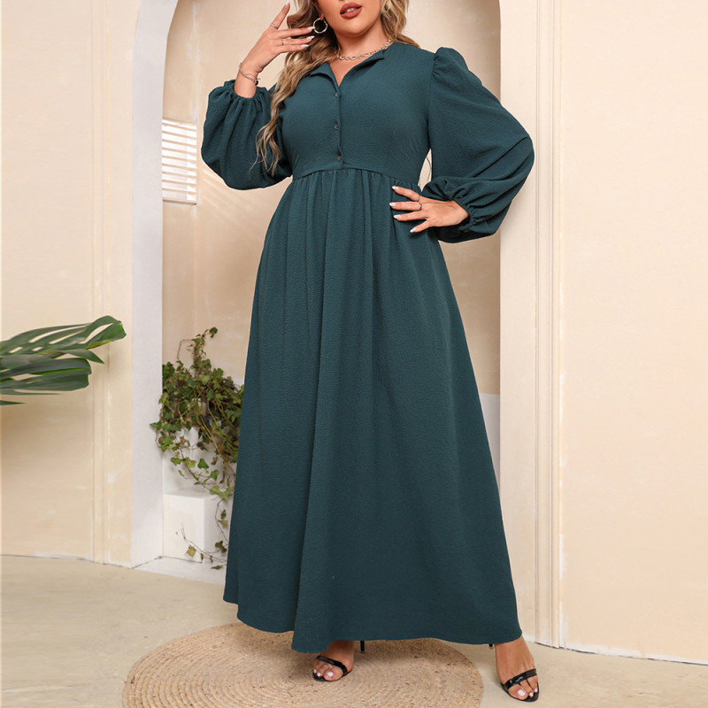 Custom Spring Solid Color Plus Size Maxi Dress Long Sleeve Green Swing Hem Private Label