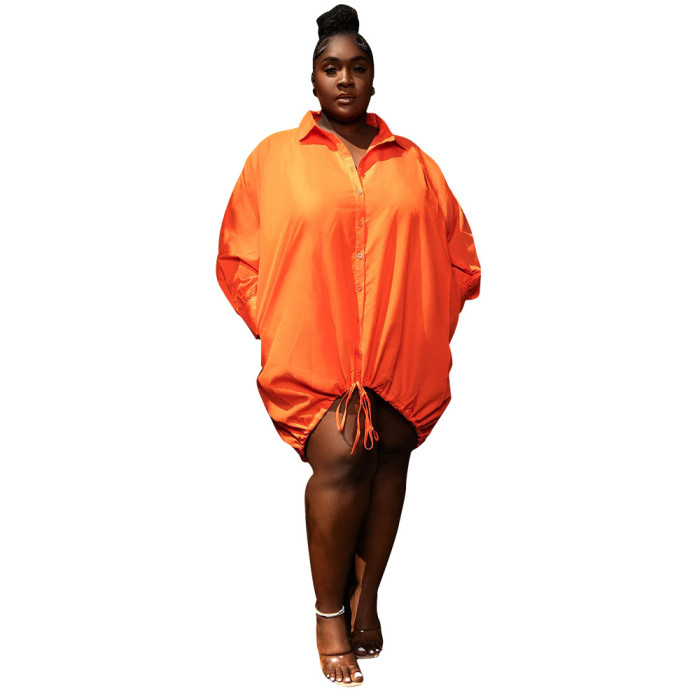 Wholesale Boutique Clothing Drawstring Plus Size Shirt Dress Solid Color Fall Full Sleeve
