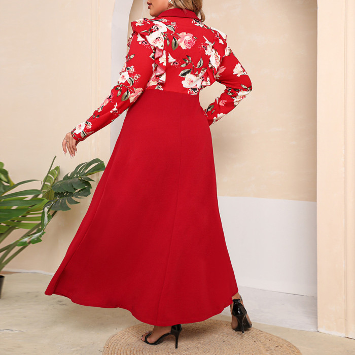Wholesale Maxi Dresses Plus Size Fall Red Floral Print Long Sleeve Front Button High Waist