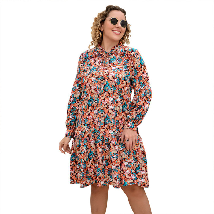 Wholesale Plus Size Clothing Fall Floral Print Dress Long Sleeve Ruffle Hem Manufacturer