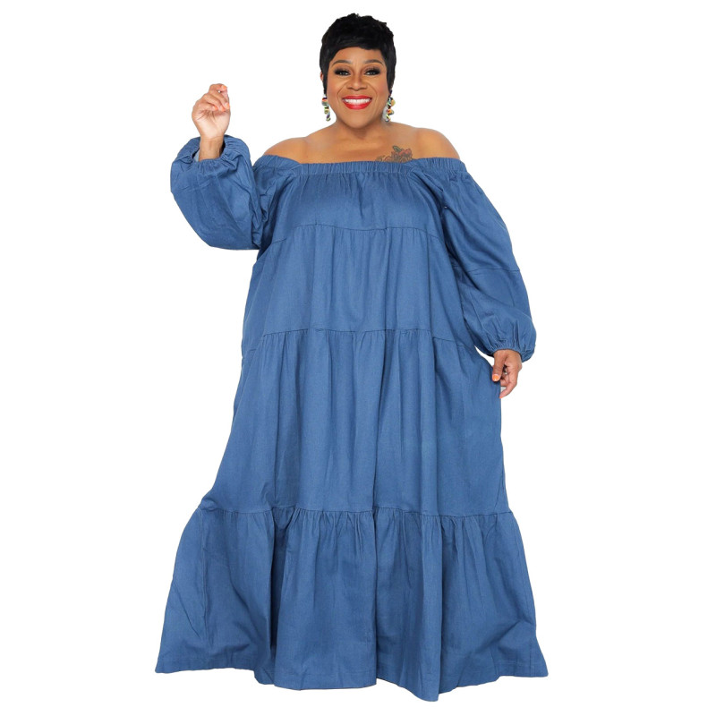 Wholesale Bulk Large Size Ruffled Dress Solid Color Denim Swing Hem for Plus Women